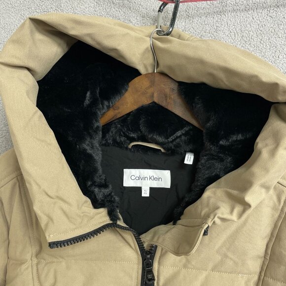 NEW Calvin Klein Women's XL Hooded Puffer Coat Tan Faux Fur Lining - Picture 12 of 15